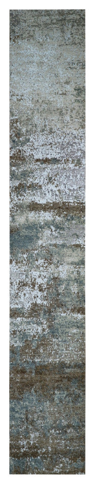 Ash Gray, Hand Knotted Abstract Design, Pure Wool XL Runner Rug, 2'6"x20'3"