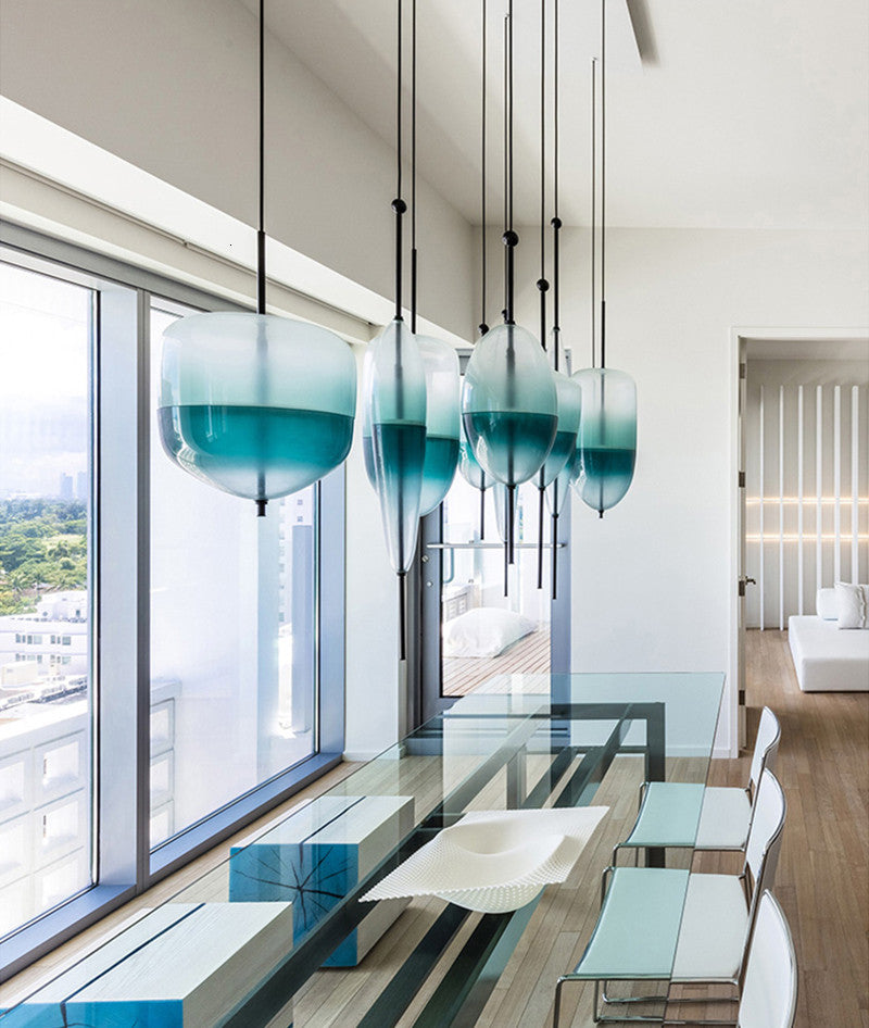 Blue/White Drop-shaped Glass LED Hanging Lamp for Kitchen Island, Blue, B