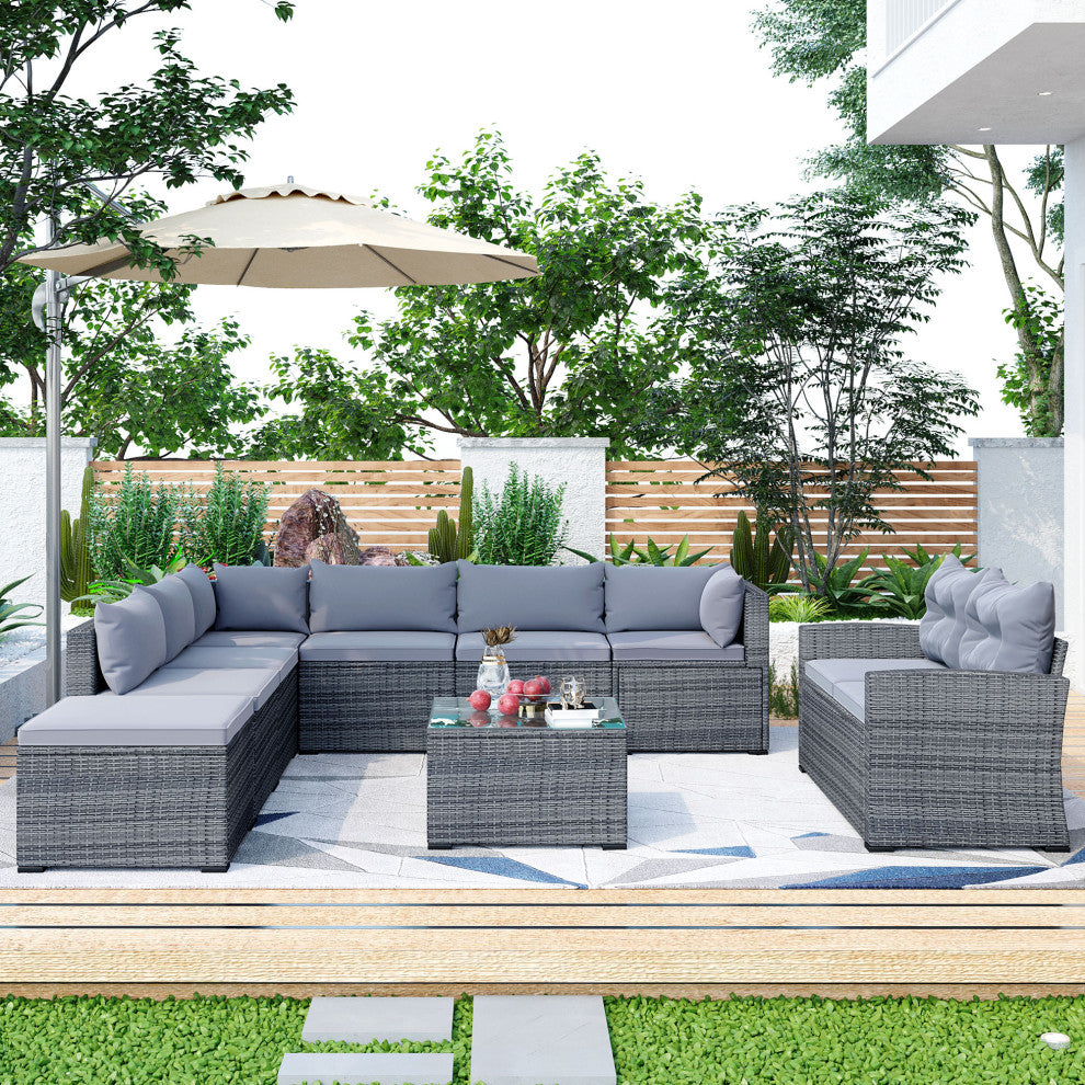 9 Pieces Outdoor Large Wicker Reversible Patio Sectional with Table and Cushions