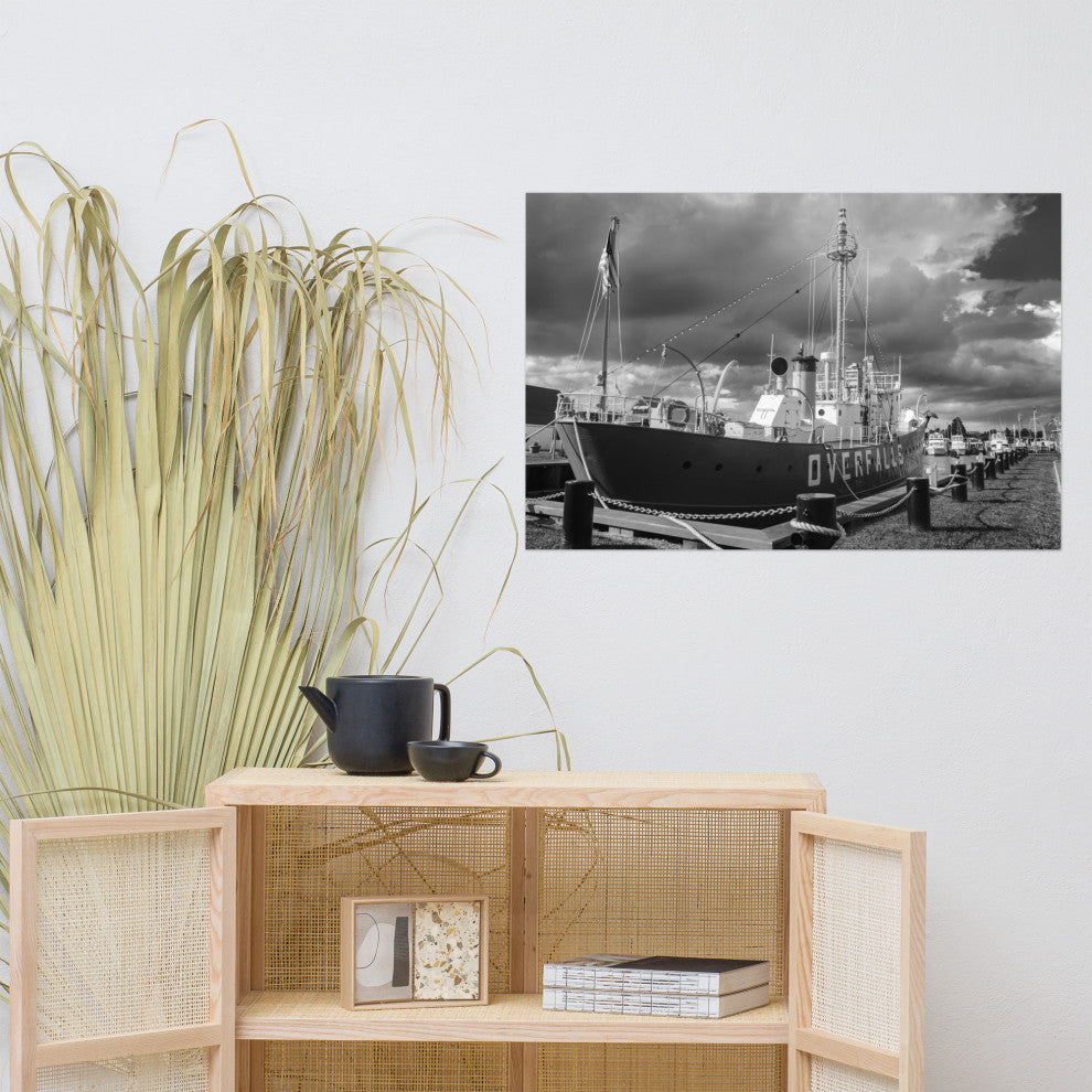 Overfalls Lightship Landscape Photo Black and White Unframed Wall Art Print, 24" X 36"