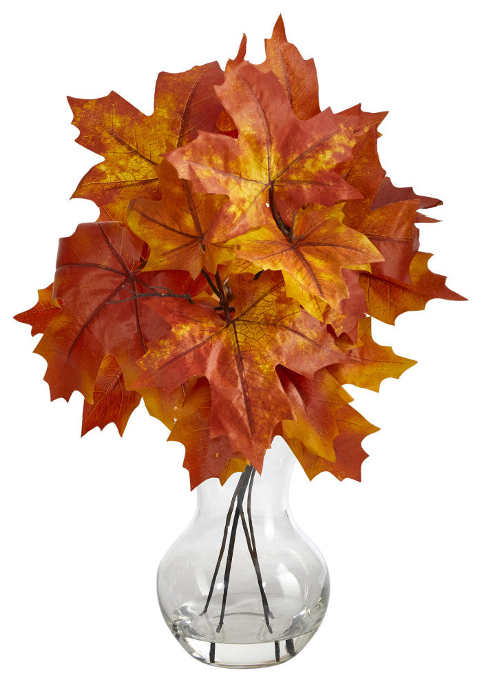 18" Autumn Maple Leaf Artificial Plant, Glass Planter