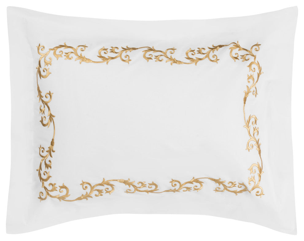 Tuscany Standard Pillow Shams, Set of 2, White With Gold Embroidery