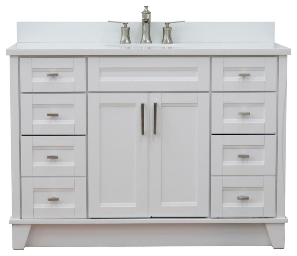 49" Single Sink Vanity, White Finish With Engineered Stone Top And Oval Sink