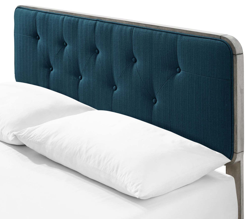 Platform Bed Frame, Queen Size, Fabric, Wood, Gray Navy Blue, Modern