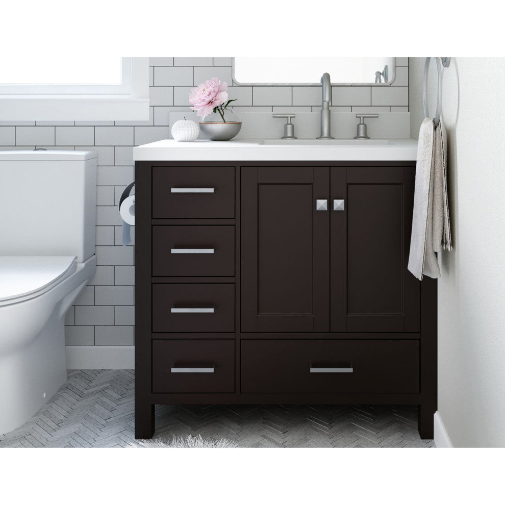 Cambridge Espresso 37" Right Offset Rectangle Sink Vanity With Quartz Countertop