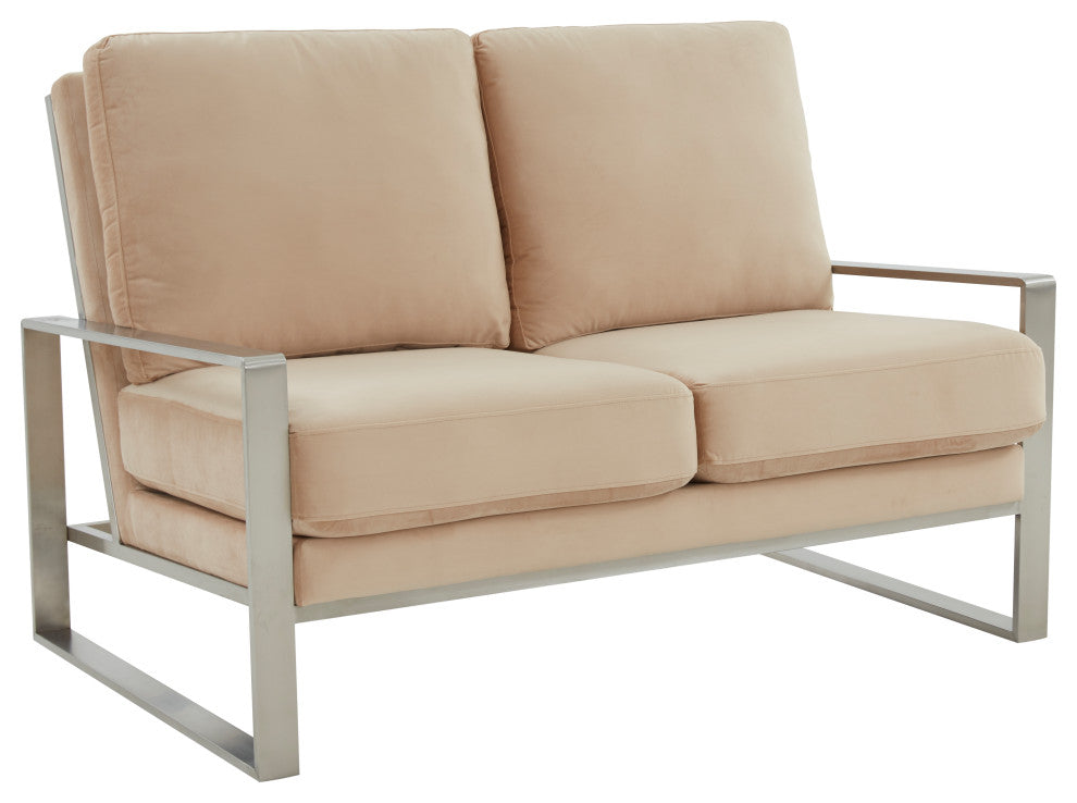 LeisureMod Jefferson Modern Design Velvet Loveseat With Silver Frame, Beige