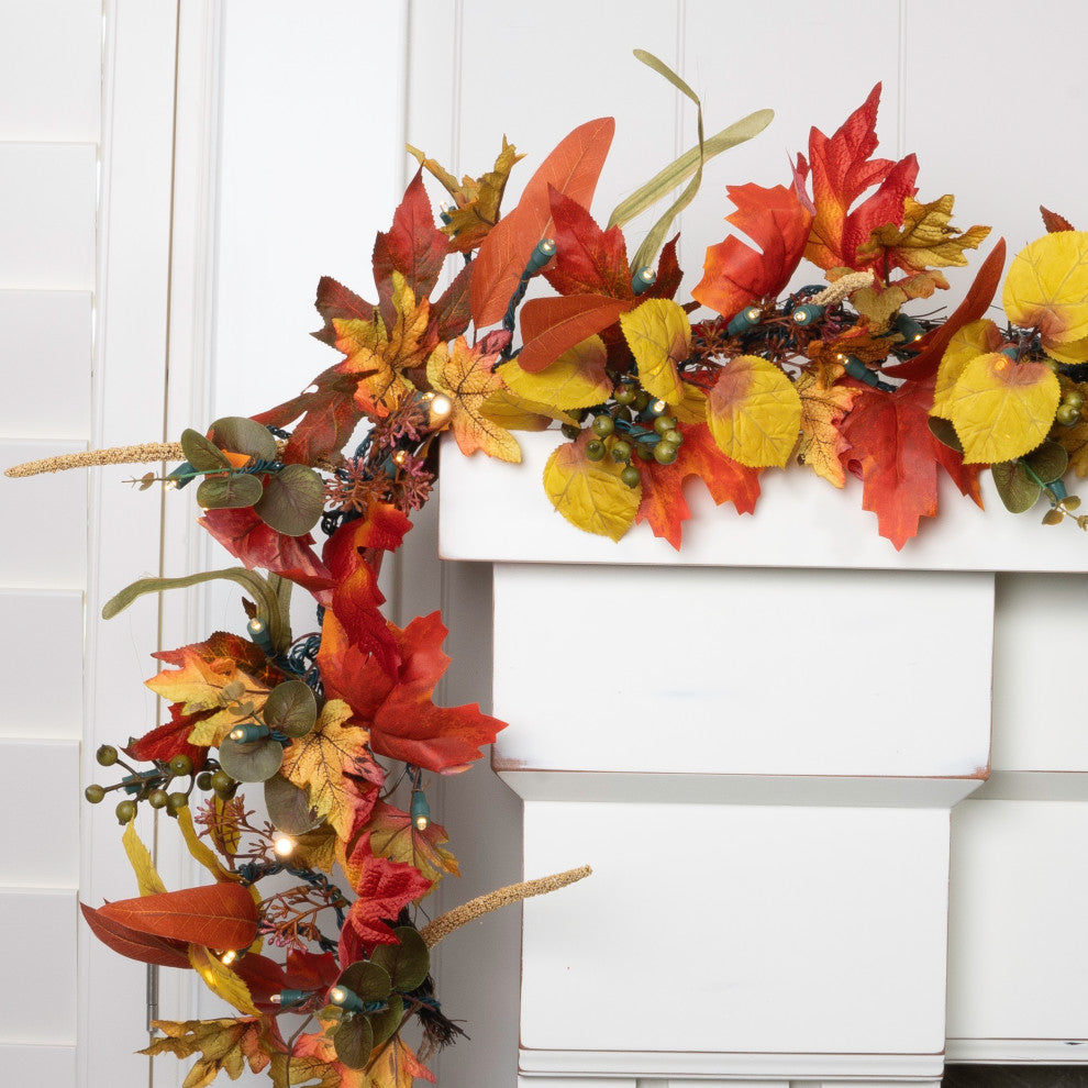 9' Artificial Garland with Lights, Fall Harvest Leaf