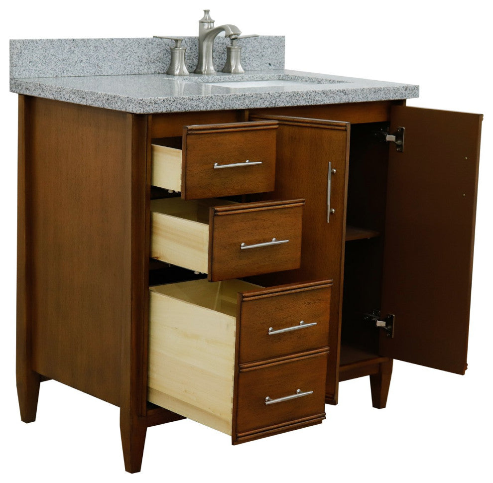 37" Single Vanity, Walnut Finish With Gray Granite