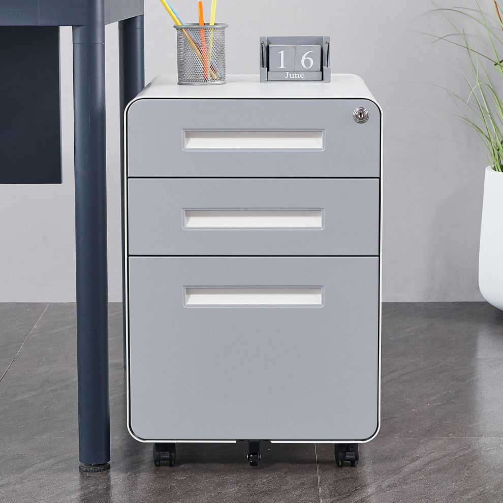 Under Desk File Cabinet, 3 Drawer Mobile Filing Cabinet, Lock, Gray