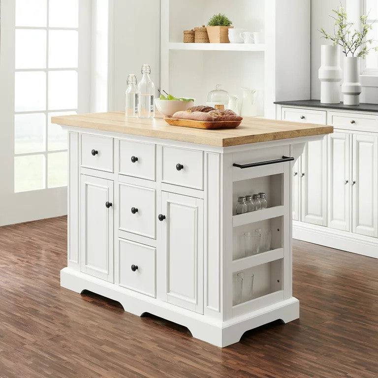 Contemporary Kitchen Island, Spacious Natural Top & Plenty Storage Space, White