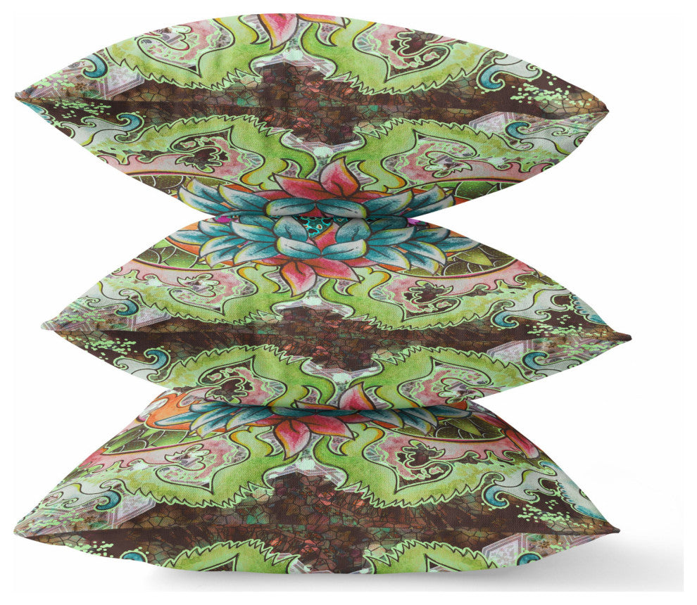 16" Green Orange Flower Bloom Suede Throw Pillow