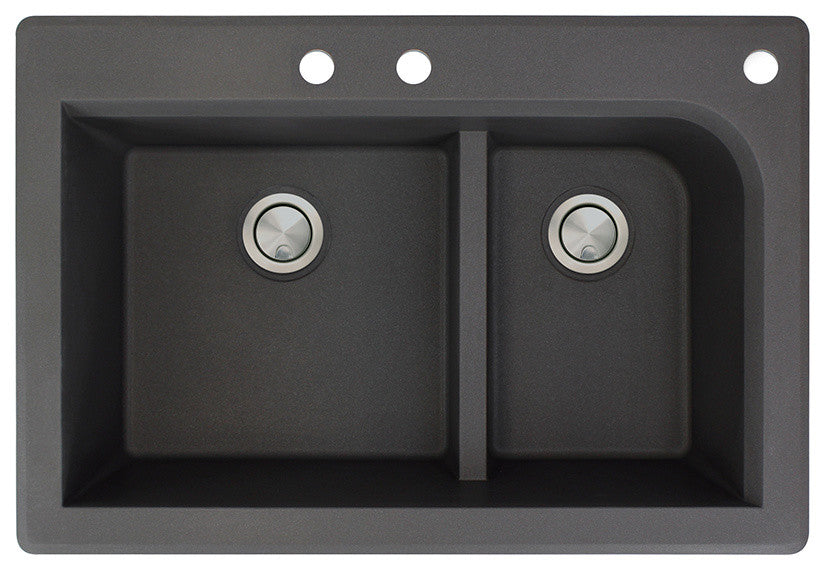 Radius 33" silQ Granite Drop-in Double Bowl Kitchen Sink with 3 Holes in Black