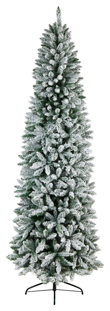 8' Slim Flocked Montreal Fir Faux Xmas Tree W/ White Lights & Bendable Branches