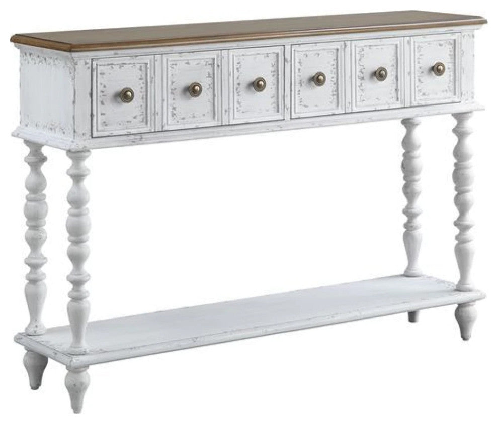 48 Inch 2 Drawer Console Table, Turned Legs, Distressed White