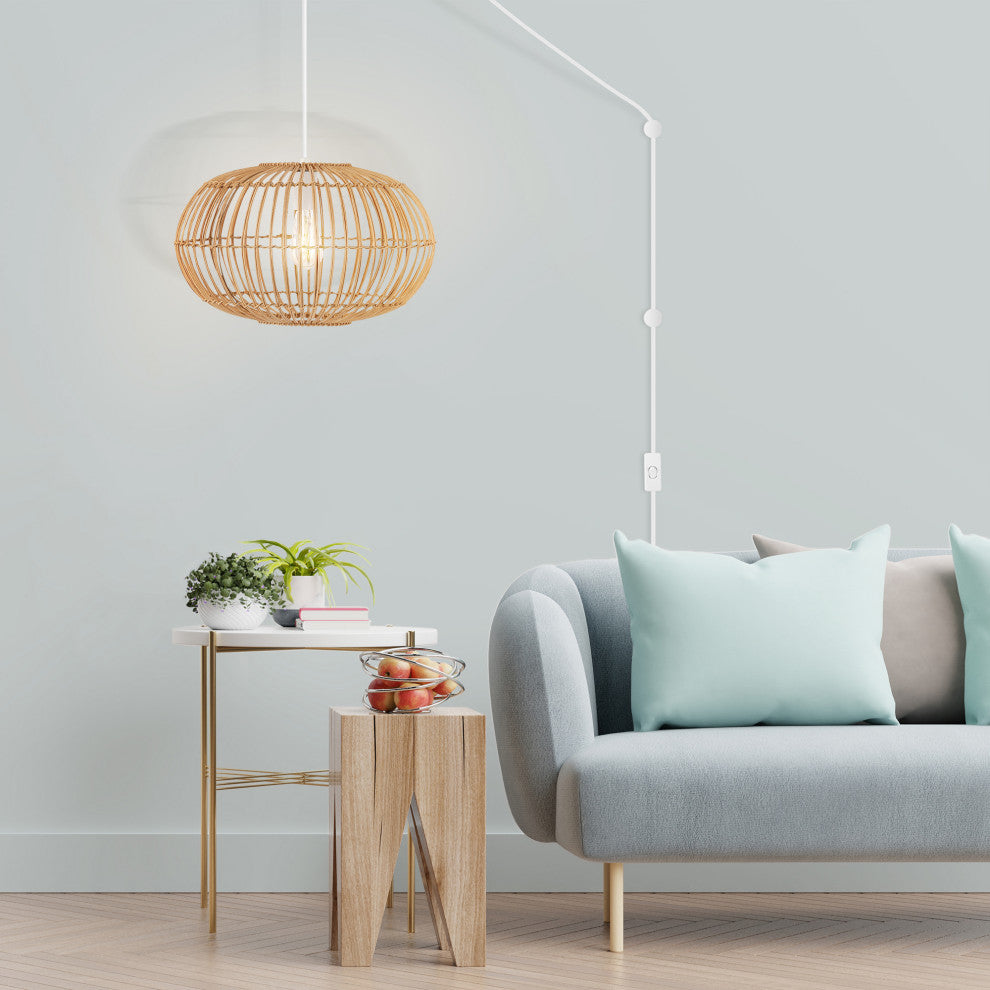 Nova 20.25" 1-Light Rattan 180" Plug-In or Hardwired LED Pendant, Brown, Leo
