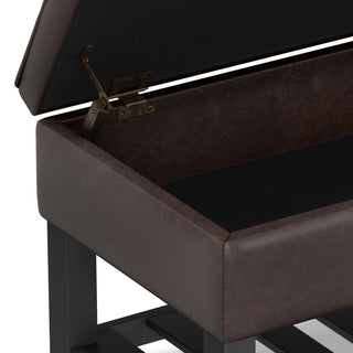 Cosmopolitan Storage Ottoman Bench With Open Bottom, Distressed Brown Faux Leather