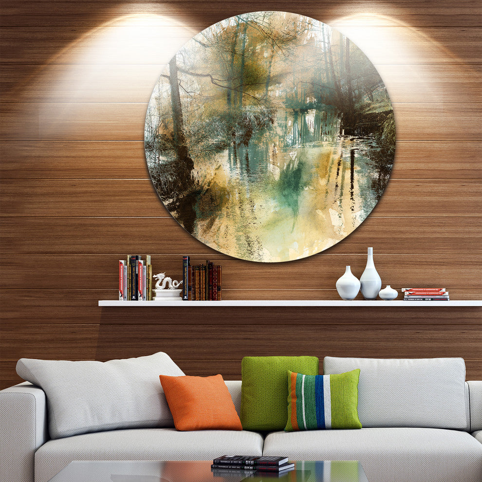 River And Trees Oil, Landscape Disc Metal Wall Art, 23"