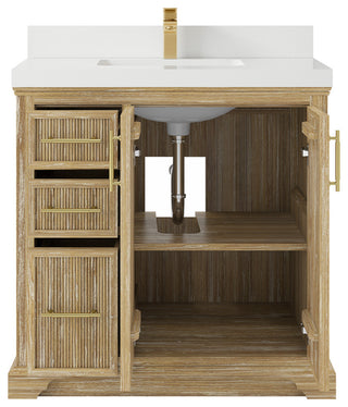 Alys Teak 36 Bathroom Vanity Center Sink Whitewashed 2" White Quartz