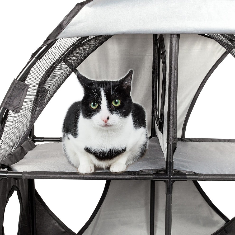 Kitty-Play Obstacle Collapsible Soft Folding Pet Cat House, Gray/Black