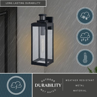 Kinzie Black Motion Sensor Dusk to Dawn Outdoor Wall Light Fixture Clear Glass, 6"wx17.5"hx7"d