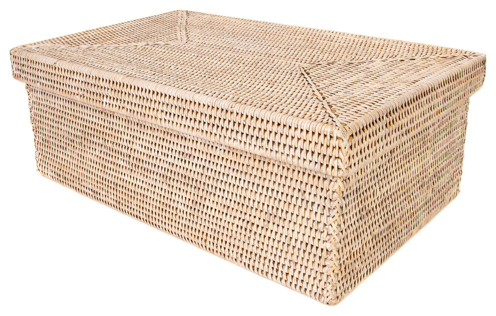 Artifacts Rattan Rectangular Storage Box With Lid, White Wash, 14"x10"x6"