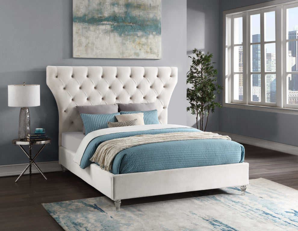 Kira Velvet Upholstered Bed, Cream, Queen
