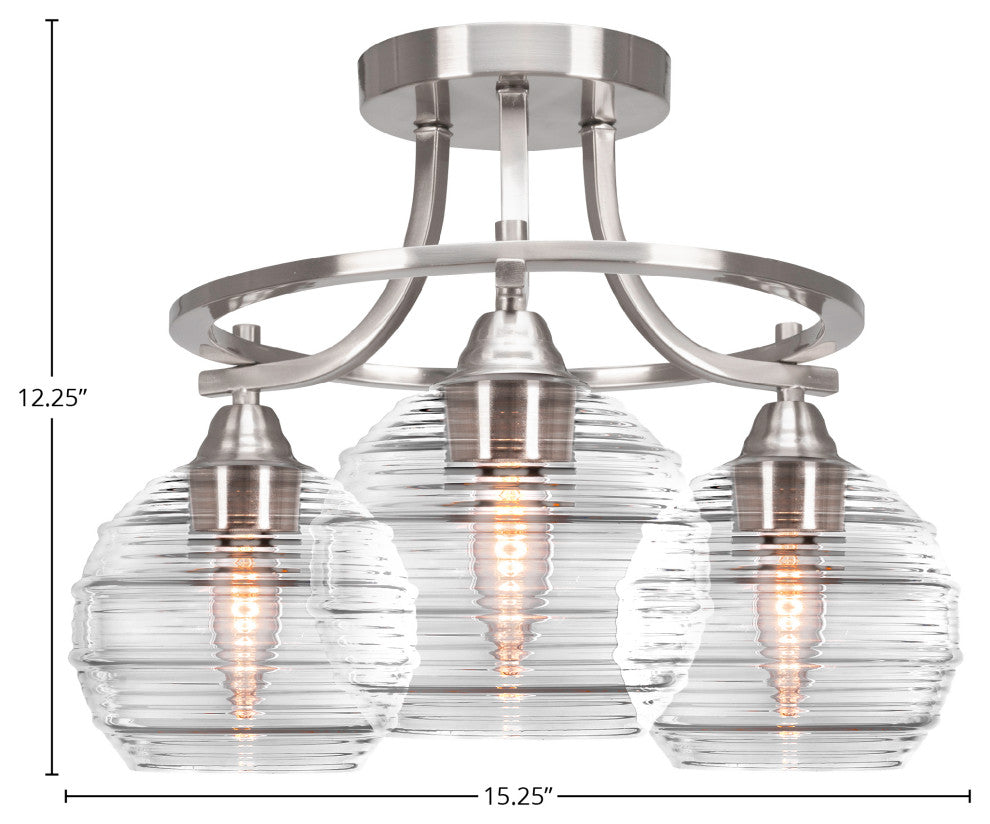 Paramount 3-Light Semi-Flush Light, Brushed Nickel, 6" Clear Ribbed Glass
