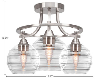 Paramount 3-Light Semi-Flush Light, Brushed Nickel, 6" Clear Ribbed Glass