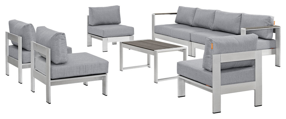 Modway Shore 7 Piece Outdoor Patio Sectional Sofa Set, Silver Gray
