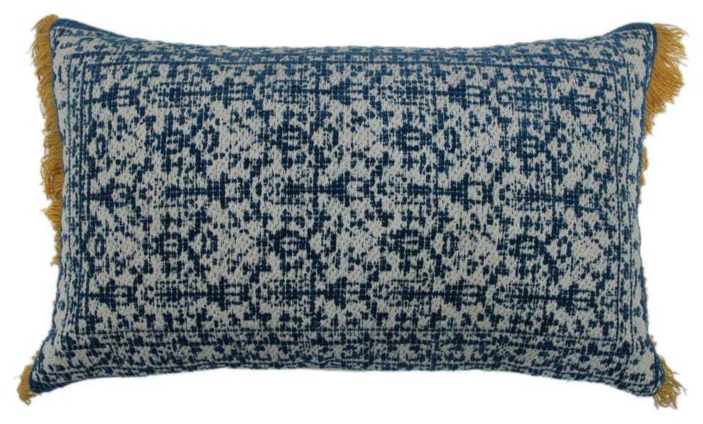 Blue Machine Woven with Tassels Arco Throw Pillow, 16" x 26"