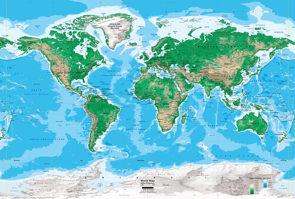 World Map Wall Mural, Topography, 8 panel,  166"x112"