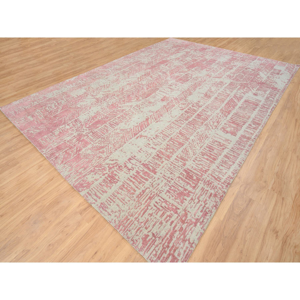 Rose Pink All Over Design Wool and Art Silk Jacquard Hand Loomed Rug, 10'x14'