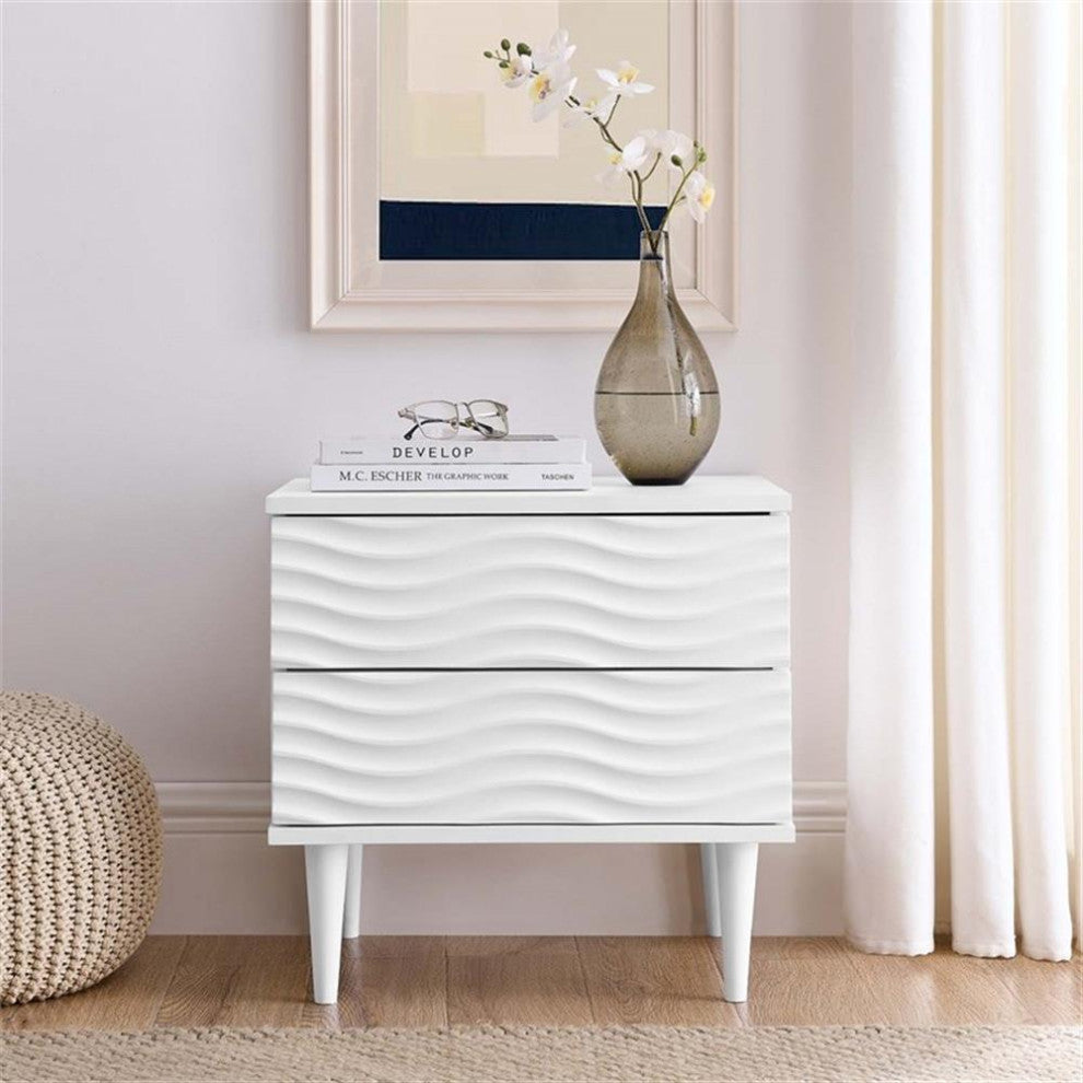 Modway Wavelet 2-Drawer Wood Nightstand with Tapered Legs in White