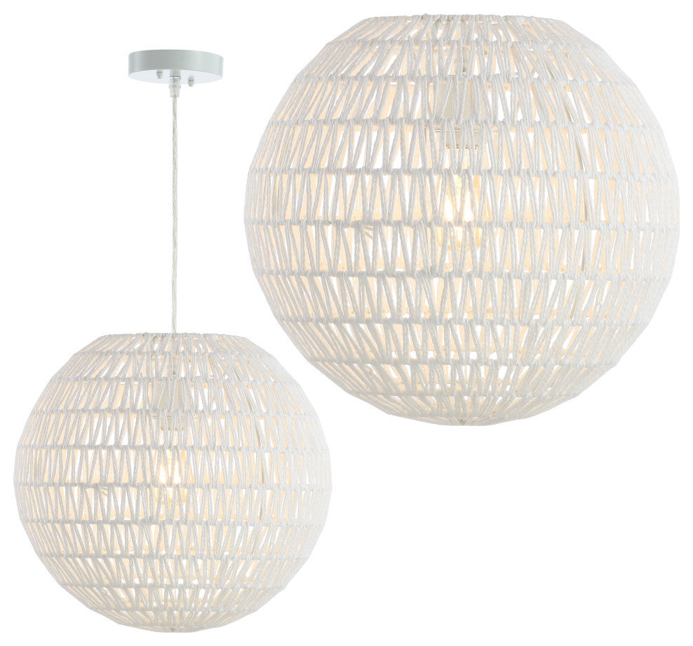 Luna 15.75" 1-Light Bohemian Modern Woven Rattan/Iron LED Pendant, White