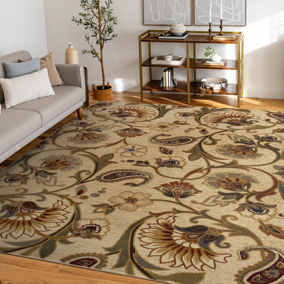 Fairfield Transitional Floral Beige Rectangle Area Rug, 5' x 7'