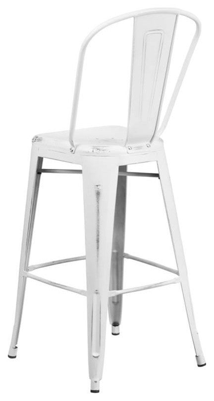 Commercial Grade 30"High Distressed White Metal Indoor-Outdoor Barstool, Back