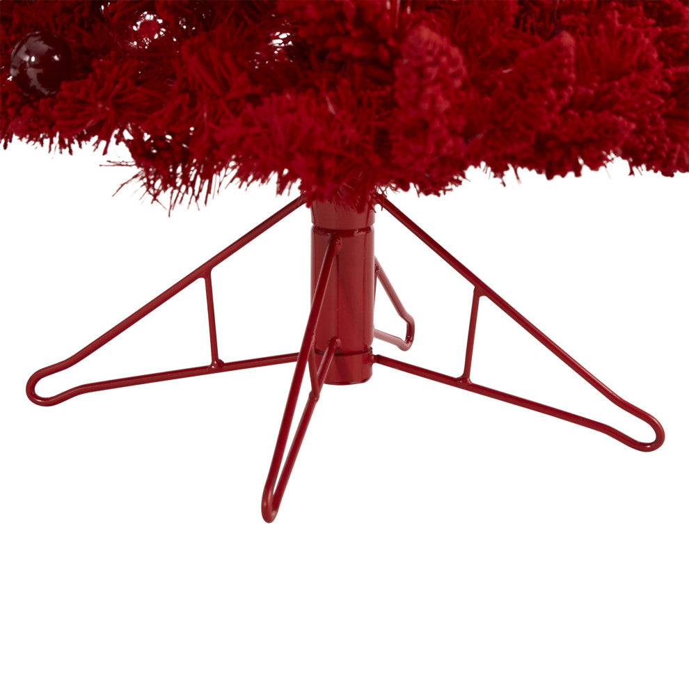 4' Red Flocked Fraser Fir Faux Xmas Tree W/Red Lights, Bulbs & Bendable Branches