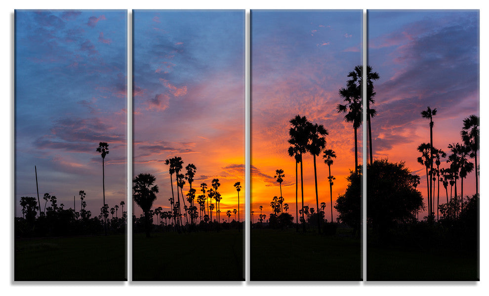 Sugar Palm Tree Silhouette, Landscape Canvas Art Print, 48"x28", 4 Panels
