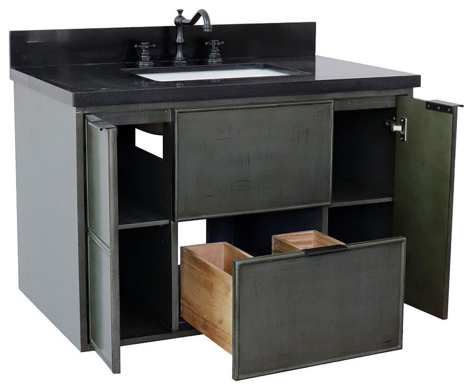 37" Single Wall Mount Vanity, Linen Gray Finish With Black Galaxy Top