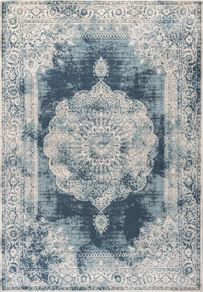 Rosalia Cottage Medallion Area Rug, Ivory/Blue, 5x8