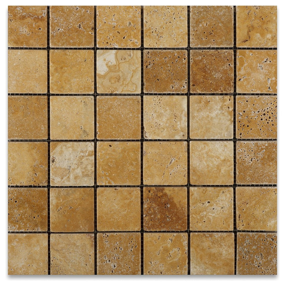 2 X 2 Gold / Yellow Travertine Tumbled Mosaic Tile