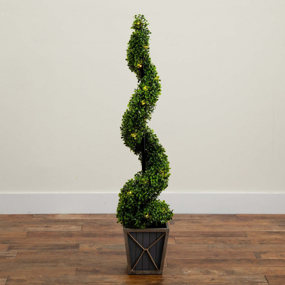 45in. UV Resistant Prelit Artificial Boxwood Spiral Topiary Tree, Planter