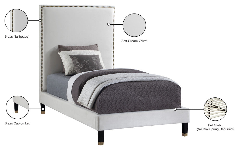 Harlie Velvet Upholstered Bed, Cream, Twin