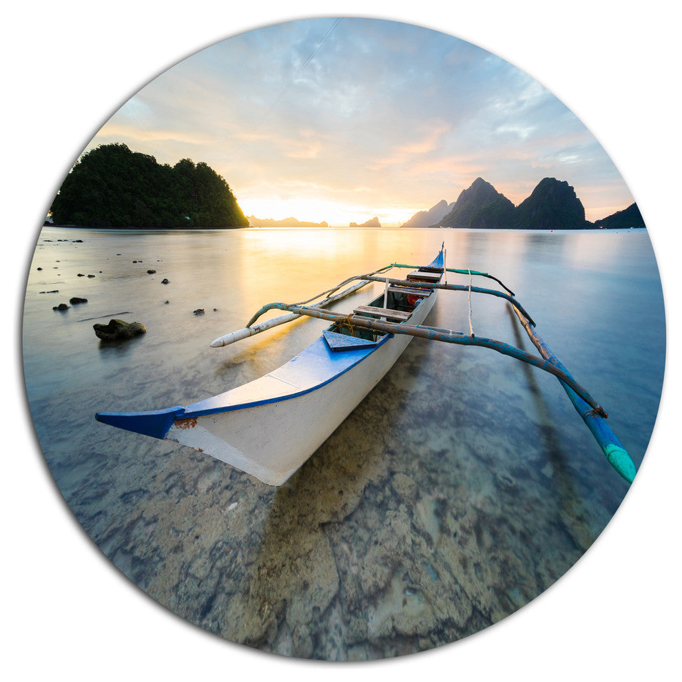 Boat Docked At Beautiful Sunset, Seashore Round Wall Art, 36"