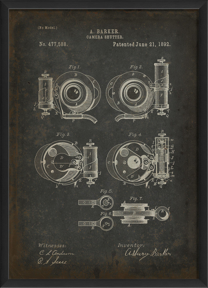 Barker Camera Shutter Patent on Black Framed Print