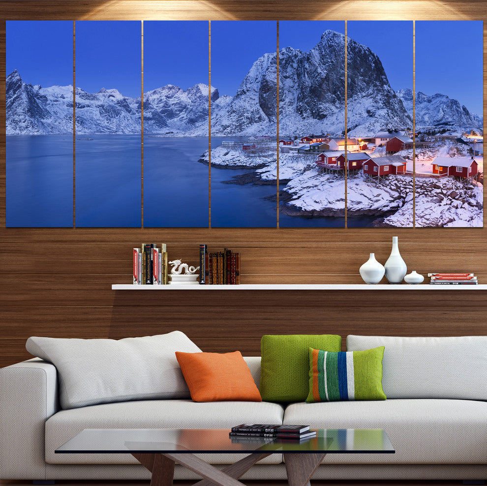 Fishermen Cabins in Winter, Modern Seashore Canvas Wall Art, 83"x32", 7 Panels