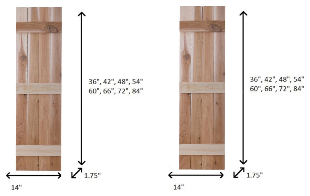 Traditional Board and Batten Exterior Shutters Pair, Unfinished, 66"
