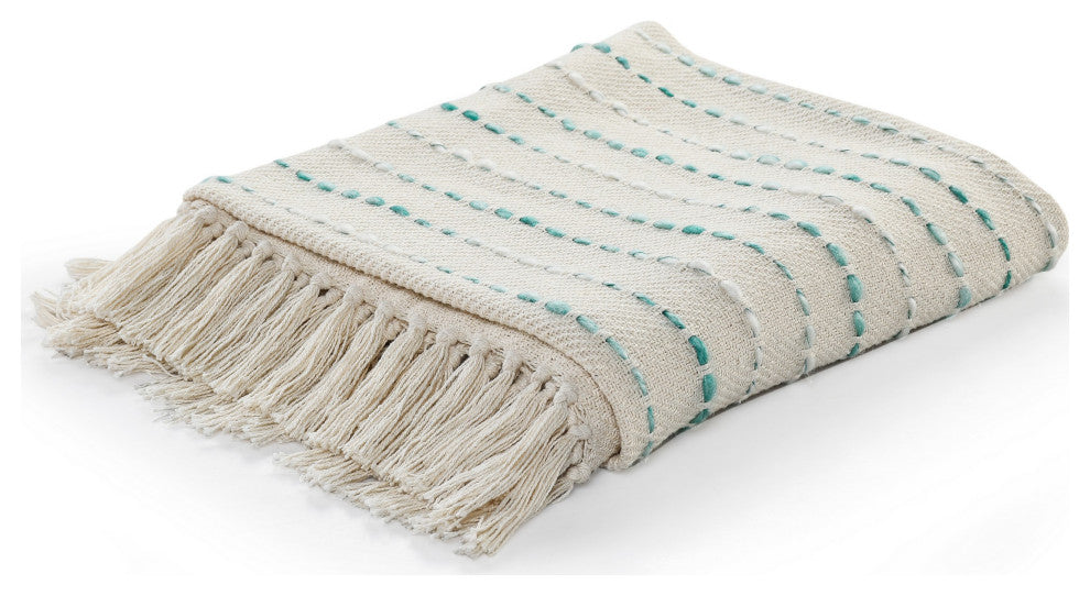 Shimmer Stripe Woven Throw Blanket with Fringe, Teal