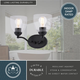 Bellwood 13.5" 2-Light Traditional Nickel Bathroom Vanity Fixture, Glass Shade, Matte Black, 2-Light