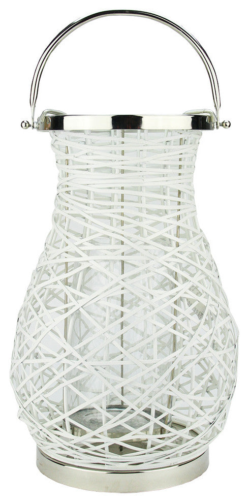 16.25" Modern White Woven Iron Pillar Candle Lantern with Glass Hurricane